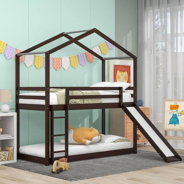 Harper & Bright Designs Detachable Style Espresso Twin over Twin Wood House Bunk Bed with Slide and Built-in Ladder