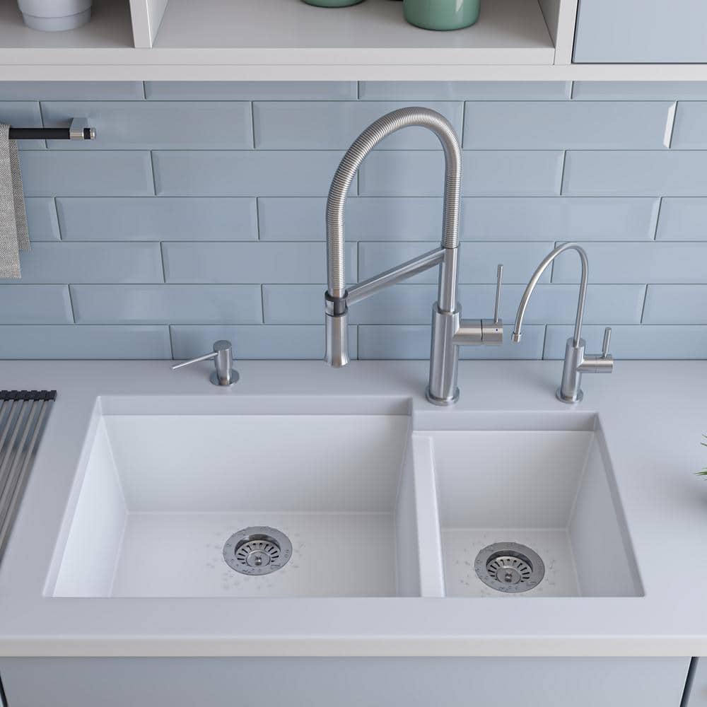 34'' White Granite Double Bowl Undermount Kitchen Sink