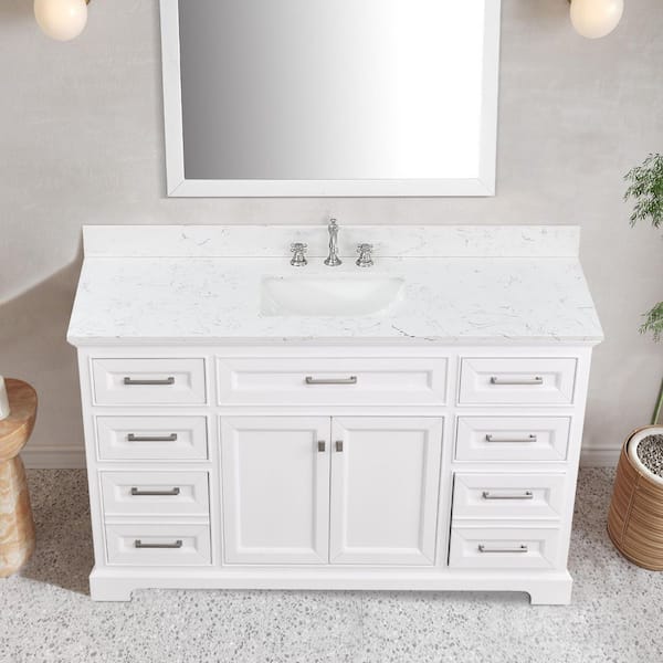 Norven 60 in. W x 22 in. D Freestanding White Bath Vanity with Pulsar White Engineered Stone Top Single Retacgular Sink