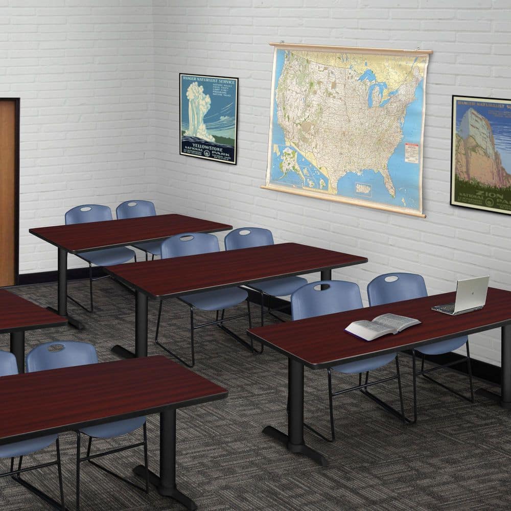 Cain 66 in x 24 in. Mahogany T-Base Training Seminar Table Desk and 2 Zeng Stack Chairs-Blue