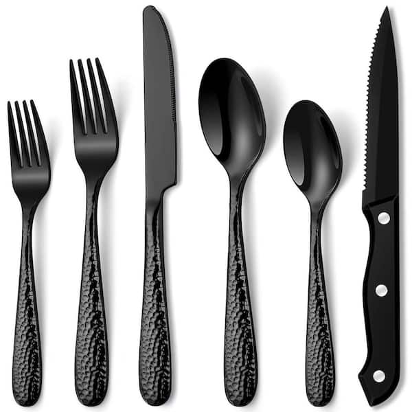 24-Piece Black Hammered Stainless Steel Flatware Set with Steak Knives, Service for 4