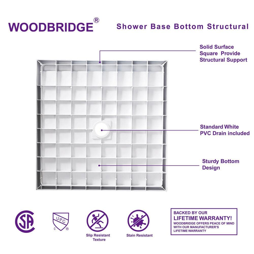 36" White Solid Surface Shower Pan Base with Brushed Gold Drain Cover