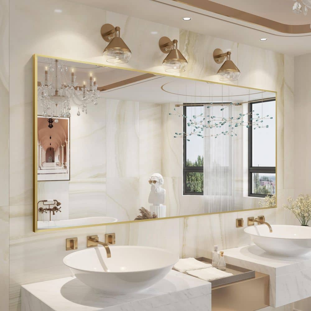 77 in. W x 36 in. H Large Rectangle Aluminum Alloy Framed Wall Mounted Bathroom Vanity Accent Mirror in Brushed Gold price history on PriceWatchPro