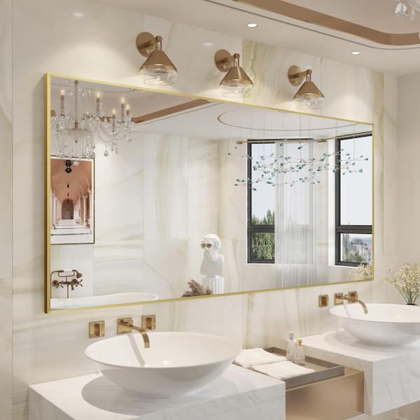77 in. W x 36 in. H Large Rectangle Aluminum Alloy Framed Wall Mounted Bathroom Vanity Accent Mirror in Brushed Gold