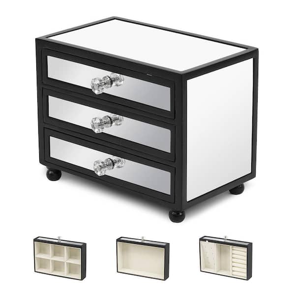 3-Tier Mirror Black Jewelry Box Jewelry Organizer Glass with 3