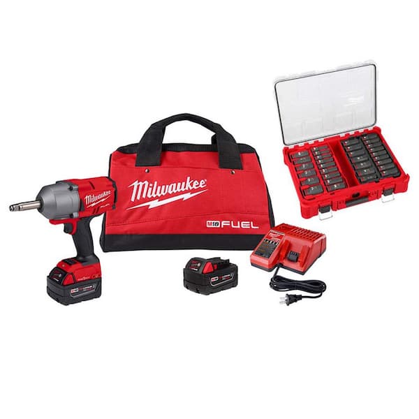M18 FUEL ONE-KEY 18V Li-Ion Brushless Cordless 1/2 in. Ext Anvil Impact Wrench w/ Batteries & Impact Socket Set