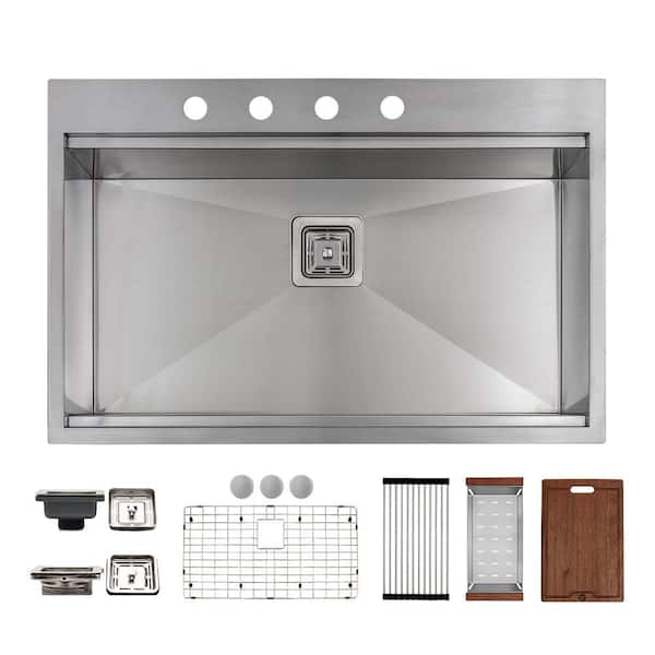S STRICTLY KITCHEN + BATH 33 in. Drop-In/Undermount Single Bowl 16 Gauge Stainless Steel Workstation Kitchen Sink with Accessories