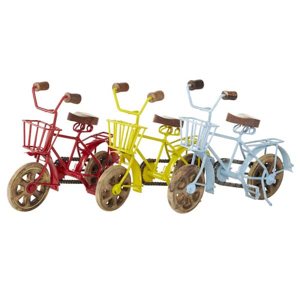 Litton Lane Multi Colored Metal Bike Sculpture with Wood Wheels (Set of 3)