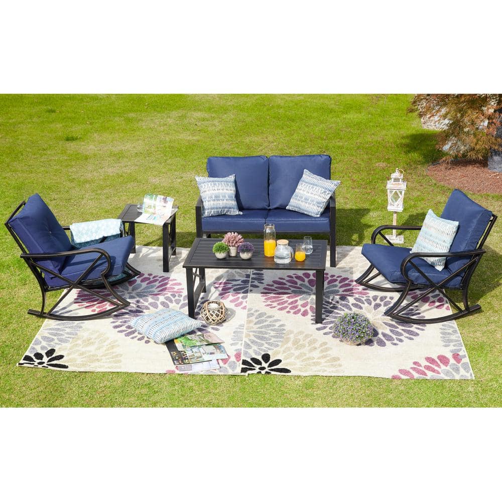 Patio Festival 5-Piece Metal Patio Conversation Set With Blue Cushions ...