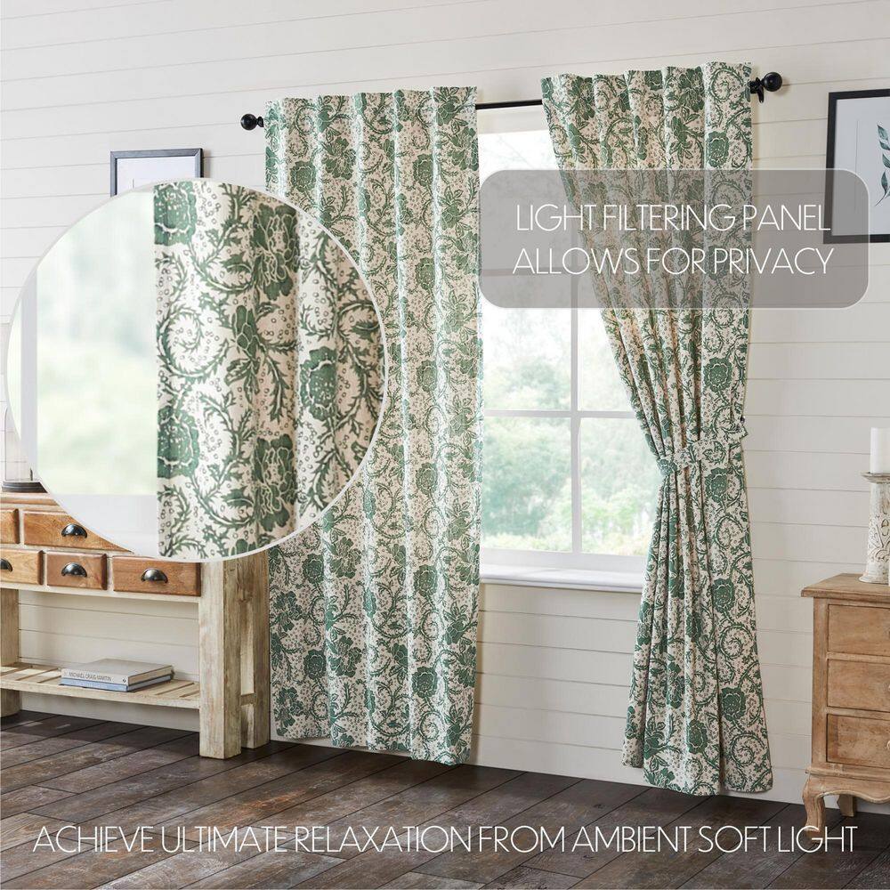 Green Floral Cotton Light-Filtering Rod Pocket Curtain Panels, 84x40