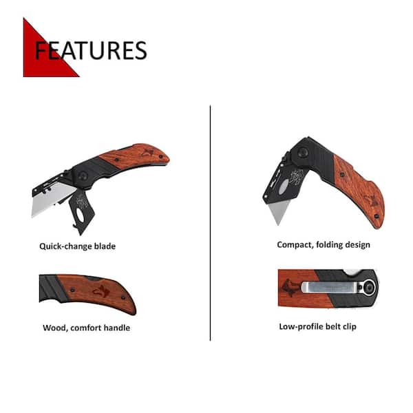 Hyper Tough Folding Lock Back Utility Knife with Wood Handle, Model 42869