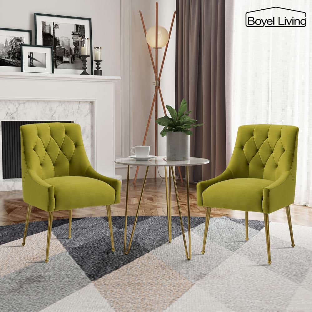 Green Tufted Velvet Upholstered Golden Legs Dining Chair with Pulling Handl