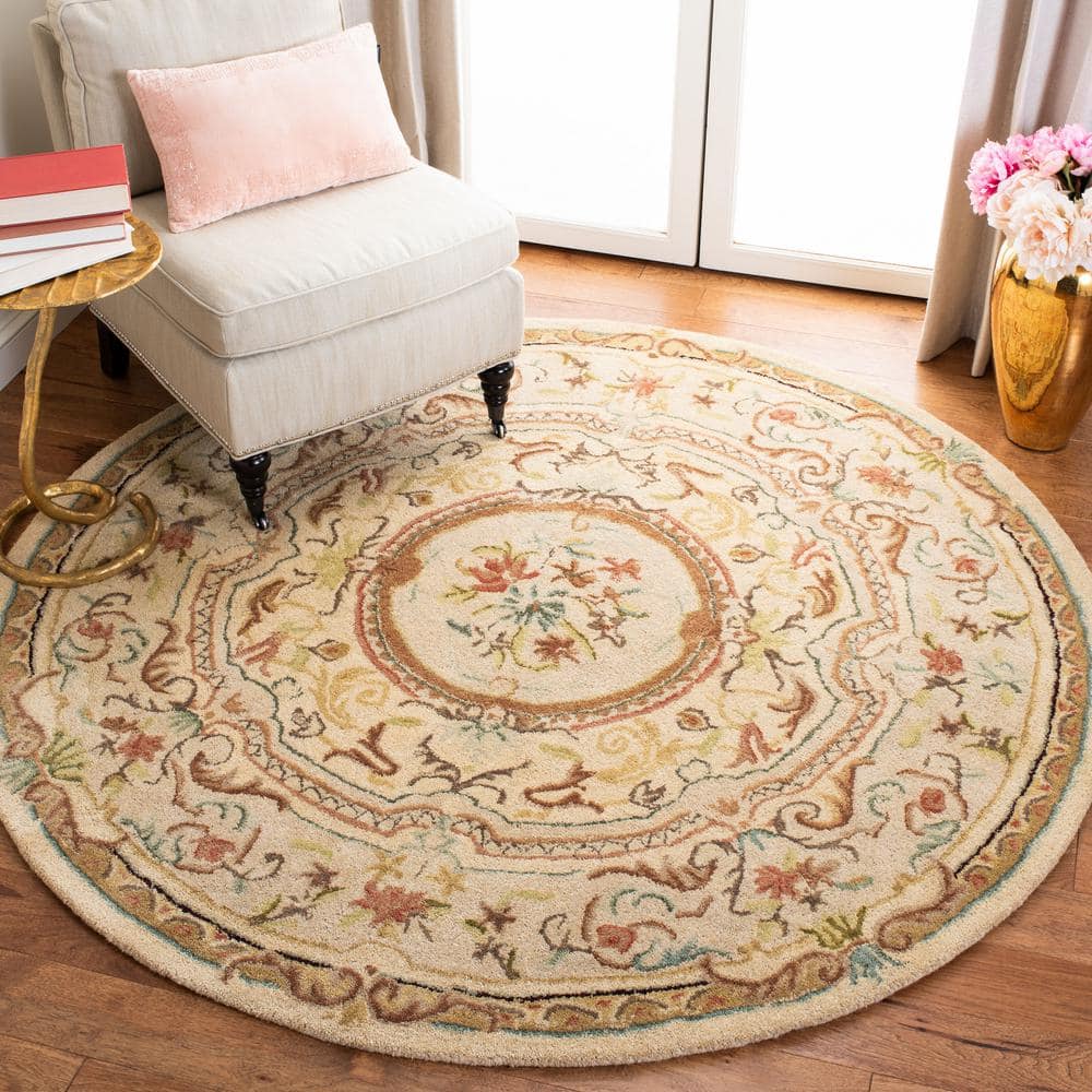 Handmade Tufted Wool Round Rug in Light Gold/Beige, 47"