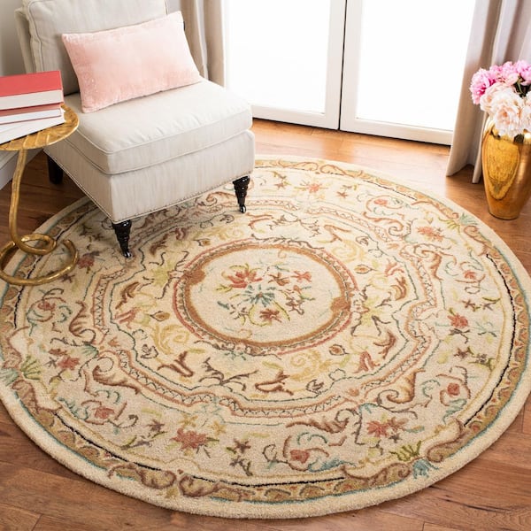 Bergama Light Gold/Beige 4 ft. x 4 ft. Round Border Area Rug