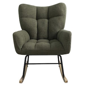 Teddy Fabric Wood Outdoor Rocking Chair Modern Rocking Accent Chair with High Backrest and Olive Green Cushion