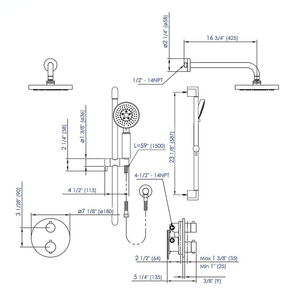 Brushed Nickel Adjustable Height Rain Shower System with Handheld