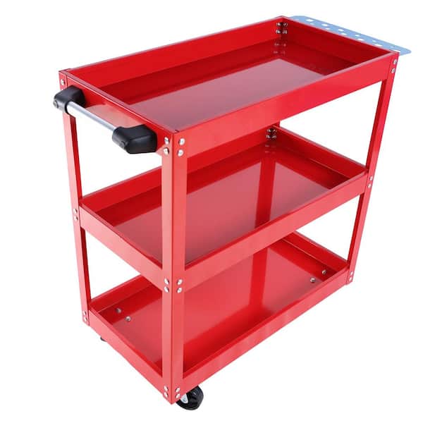 Tunearary 1.4 cu ft Heavy Duty Steel Warehouse Workshop Red 3 Tier Rolling Mechanical Tool Cart Garden Cart with 4 Lockable Wheels