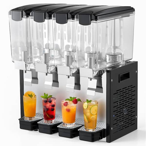 Commercial Beverage Dispenser 4 Tanks 10 L / 10.6 QT. Per Tank, Stainless Steel, with 45℉ to 54℉ Cooling Temperature