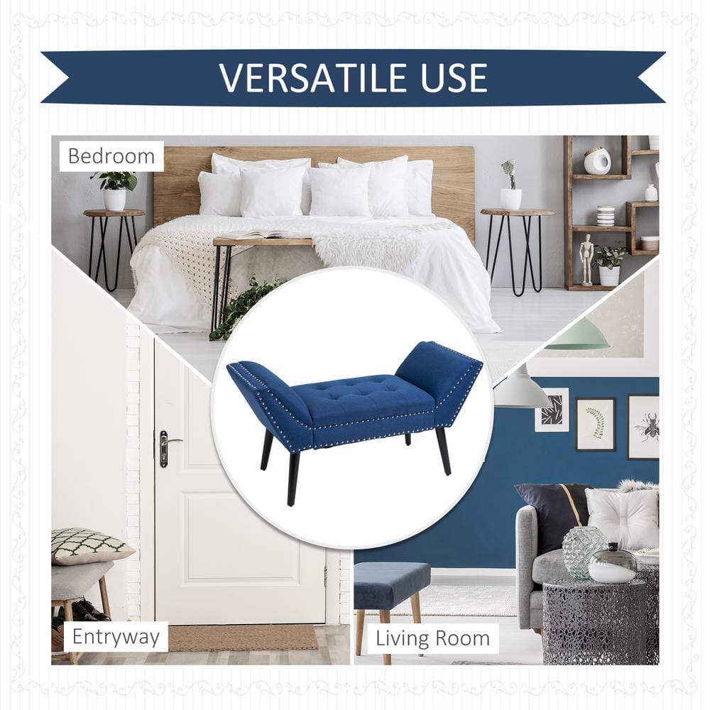 Elegant Nickel-Finish Tufted Linen Footstool with Arms in Blue