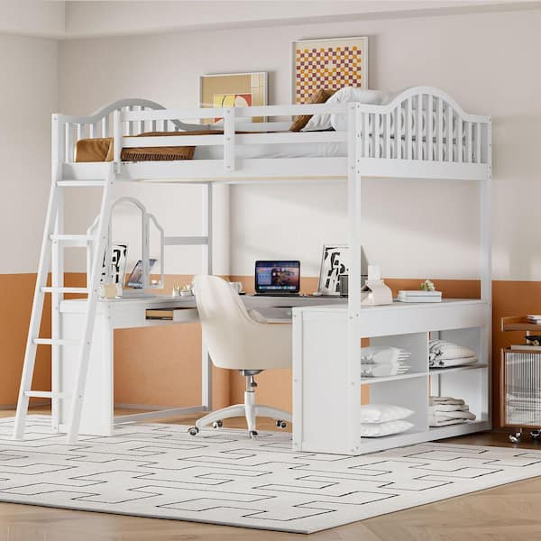 White Full Size Wood Loft Bed with U-shaped Desk, Storage Compartments and Tri-fold Mirror