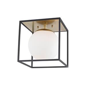 Aira 1-Light Aged Brass and Black Small Flush Mount with Opal Etched Glass and Black Accents
