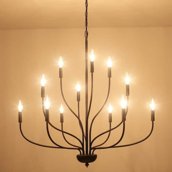 12-Light Modern Black Candle Chandelier Light Fixture for Kitchen Island