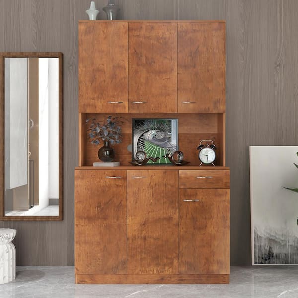 Seafuloy 70.87 in. Tall Walnut Cabinet with 6-Doors 1-Open Shelves and 1-Drawer