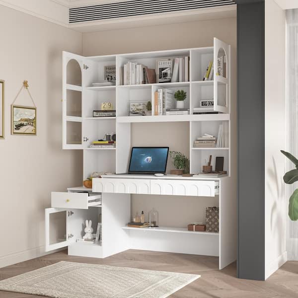 79.1 in. Tall White Wood 13-Shelf Standard Bookcase with Writing Desk Table, Glass Door Cabinet, -Drawers, French Style