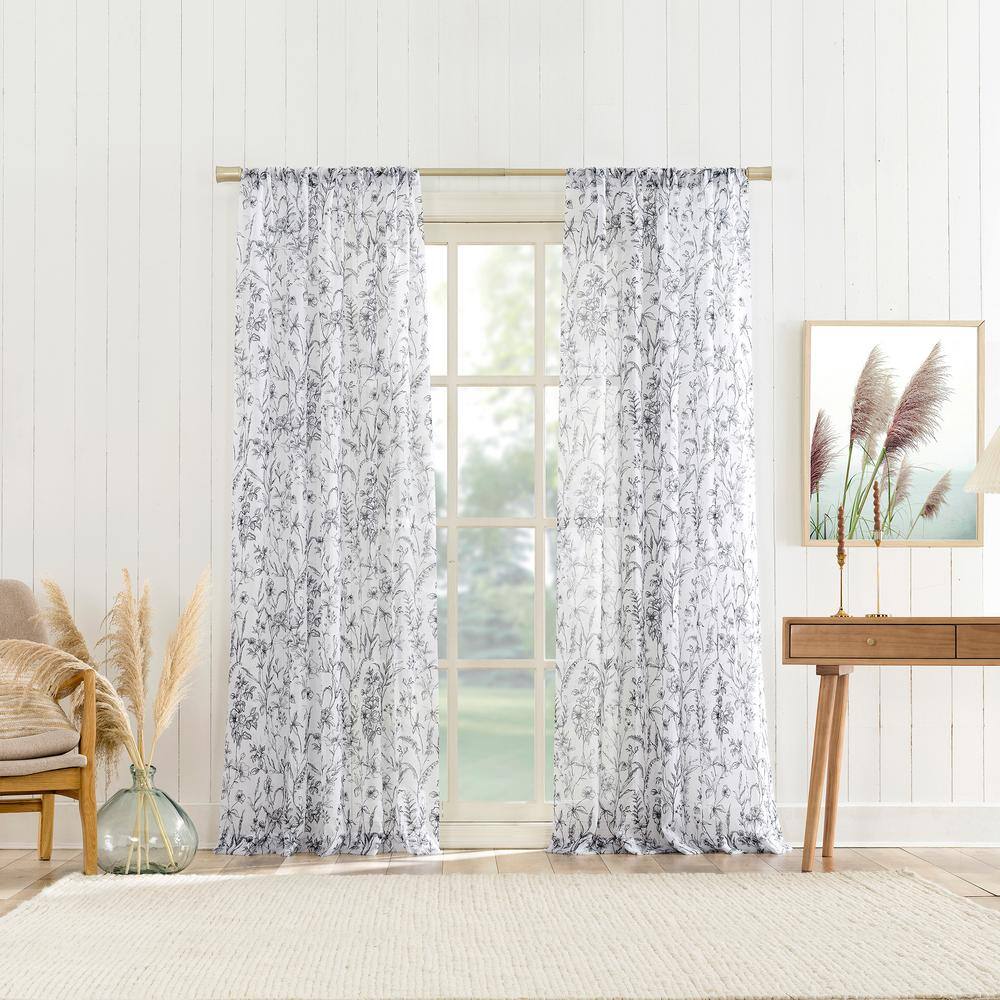 Black and White Floral Sheer Rod Pocket Curtain Panel 51" x 63"