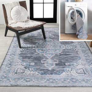 Wincer Chenille Cottage Medallion Machine-Washable Gray/Blue/White 4 ft. x 6 ft. Area Rug