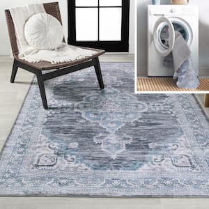 Wincer Chenille Cottage Medallion Machine-Washable Gray/Blue/White 5 ft. x 8 ft. Area Rug