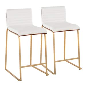 Mason Mara 24.5 in. White Faux Leather and Gold Metal Counter Height Bar Stool with Walnut Wood Seat Back (Set of 2)