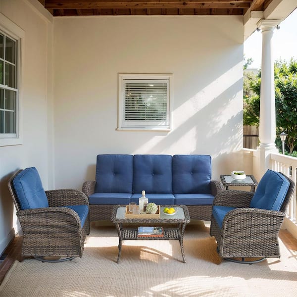 moosprr Flatarmrest 5-Piece Brown Wicker Patio Conversation Set with Olefin Blue Cushion/Couch/Patio Swivel Chairs