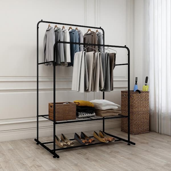 URTR Black Clothing Garment Rack with Shelves, Metal Cloth Hanger