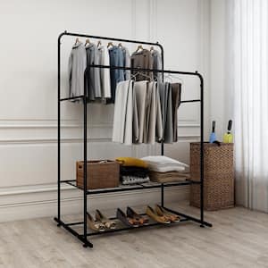 Black Garment Rack with Shelving Freestanding Hanger Metal Heavy Duty Double Rods Multi-functional Bedroom Clothing Rack