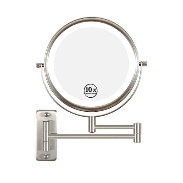 Movisa 16.8 in. W x 12 in. H LED Round 2-Sided Framed Wall Mount Magnifying Makeup Bathroom Vanity Mirror in Brushed Nickel