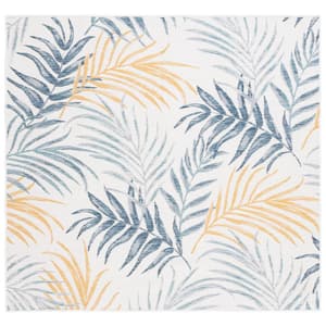 Sunrise Ivory/Blue Gold 7 ft. x 7 ft. Oversized Tropical Reversible Indoor/Outdoor Square Area Rug