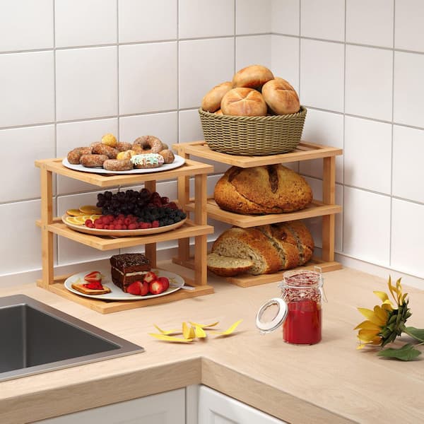 Wudkey 2 Pack Brown Bamboo Corner Shelf, 3-Tier Kitchen Cabinet