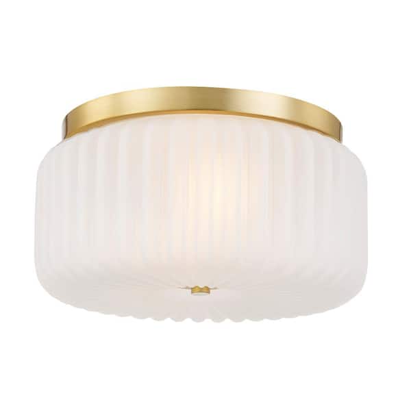 Fifth and Main Lighting Doris 11 in. 2-Light Aged Brass Flush Mount with Frosted Glass Shade