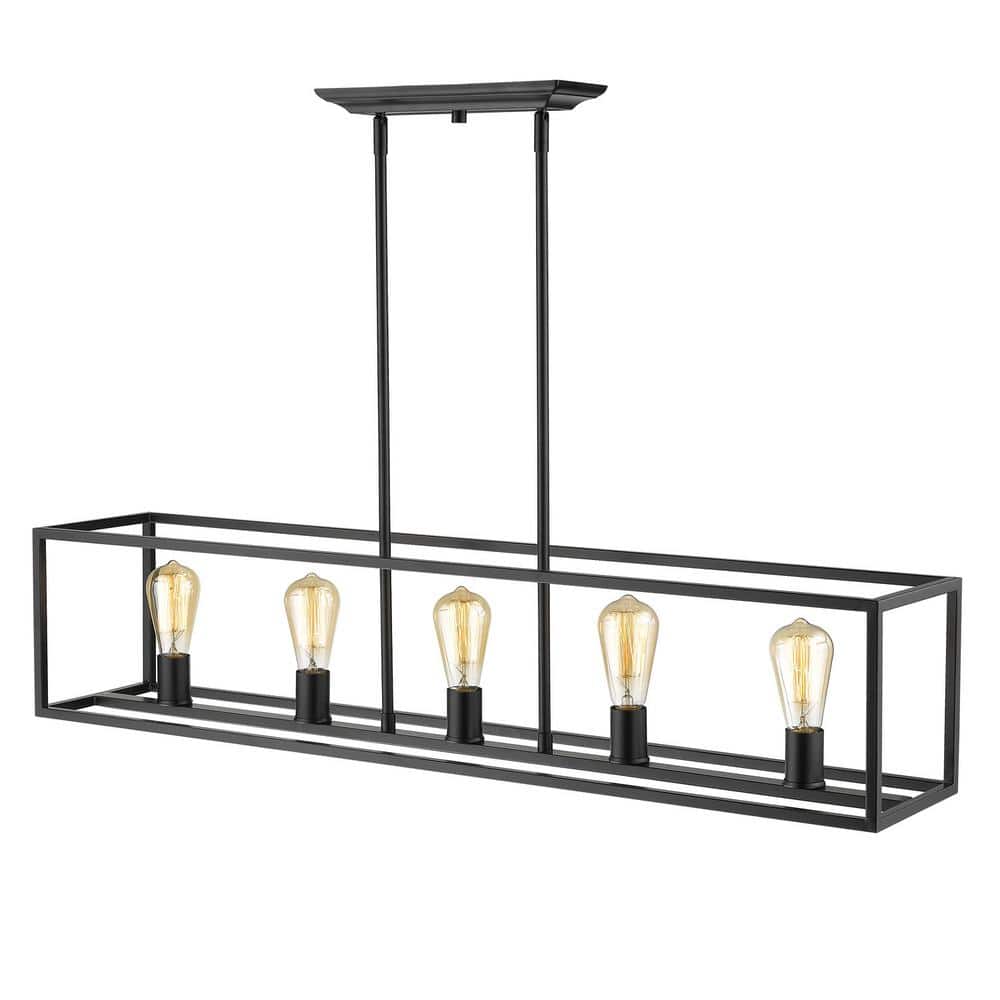 Black Industrial 5-Light Linear Pendant with Exposed Bulbs