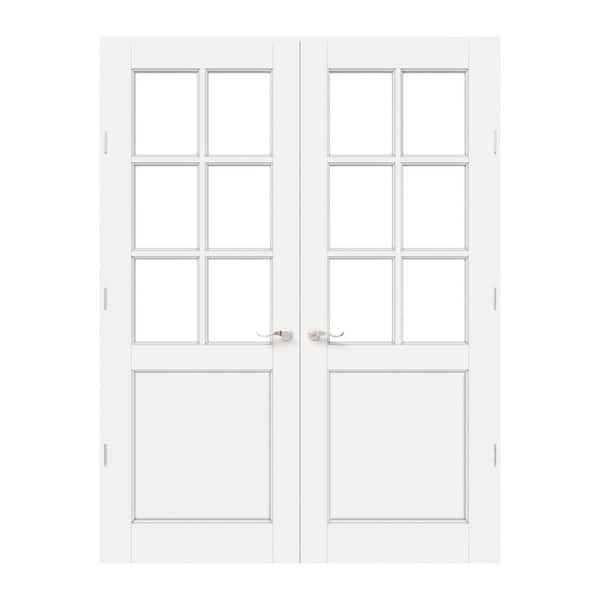 56 in. x 96 in. 6-Lite Clear Glass Universal White Solid Core Glass Double Prehung French Door+ Quick Assemble Jamb