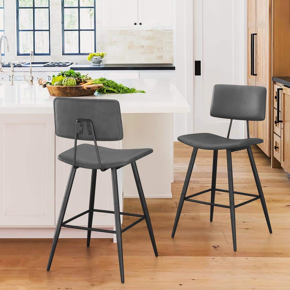 Gray Faux Leather Counter Height Bar Stools with Metal Frame, Set of 2