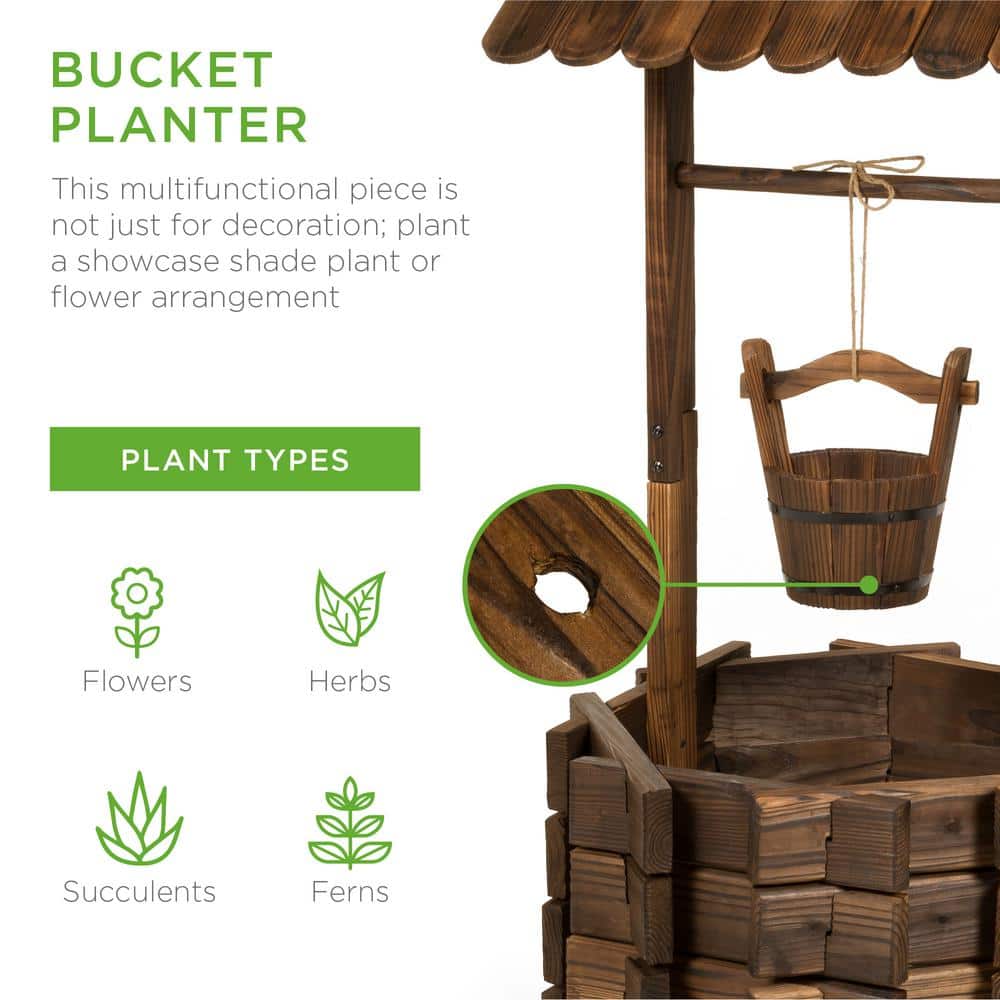 Rustic Fir Wood Wishing Well Planter with Hanging Bucket