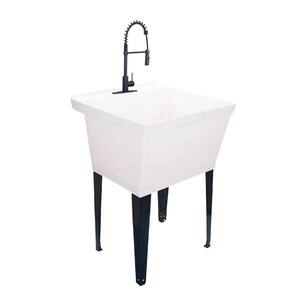 22.875 in. x 23.5 in. Thermoplastic Floor Mount Sink in White with High-Arc Matte Black Coil Pull-Down Faucet