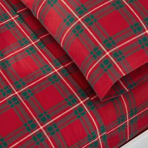 4-Piece Red Twill Plaid Cotton Flannel Full Sheet Set