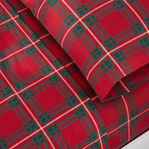 3-Piece Red Twill Plaid Cotton Flannel Twin Sheet Set