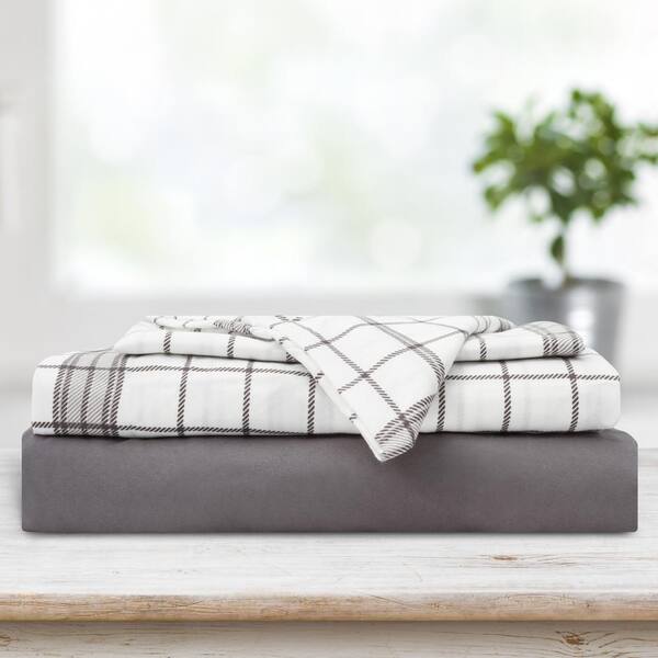 Unbranded Safdie & Co. 4-Piece Grey Plaid Polyester Queen Sheet Set