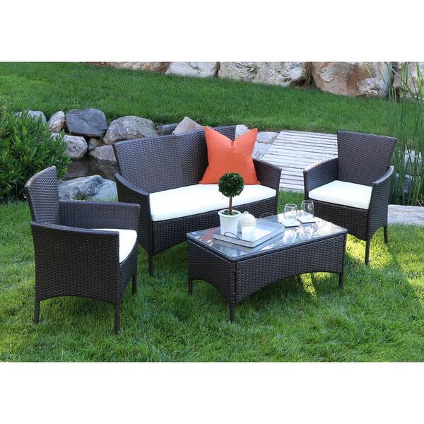 Walker Edison Furniture Company Brown Rattan 4-Piece Patio Chat Set with White Cushions