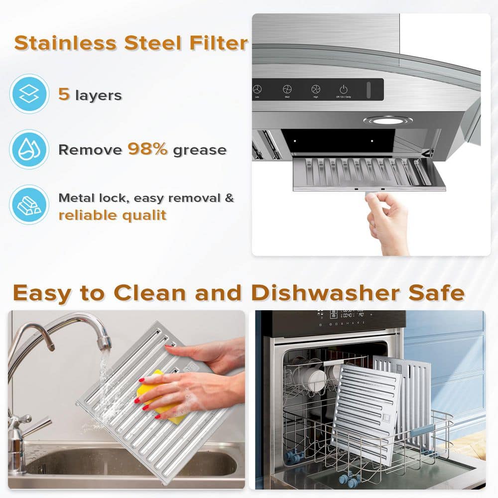 30-Inch Silver Stainless Steel Wall Mounted Range Hood with Charcoal Filter