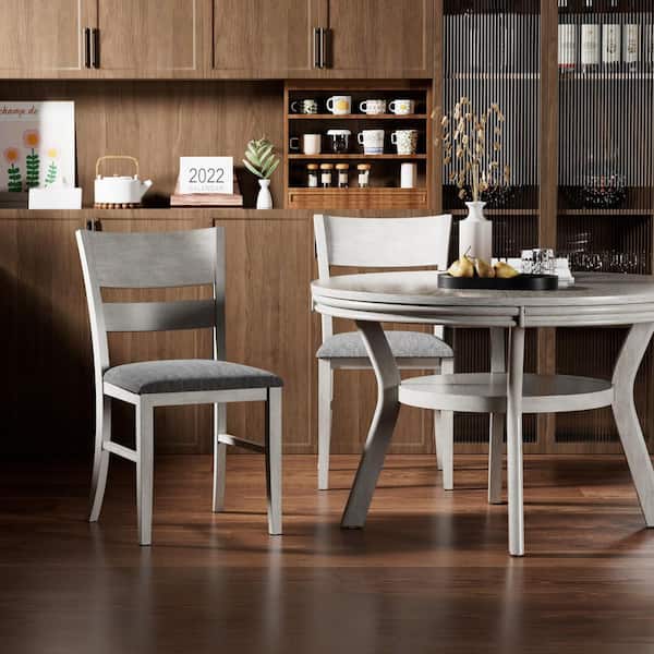 VECELO Gray Wash Upholstered Dining Chairs Set Farmhouse Wooden Kitchen Chairs (2-Piece Set) Ladder Back Dining Room Chairs